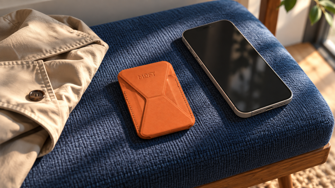 Оранжевий гаманець MOFT Trackable Snap-On поруч зі смартфоном і бежевою курткою на синій лаві