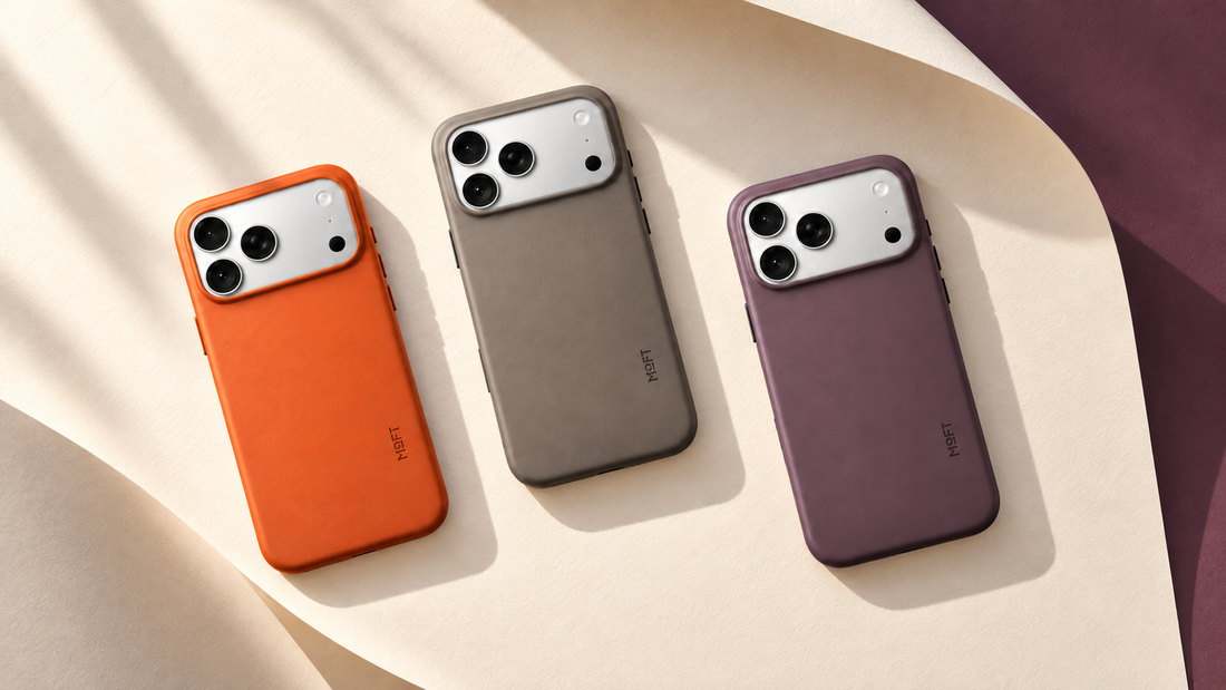 Чохли MOFT Snap Case MOVAS™ в оранжевому кольорі, Taupe та Blackberry на світлому фактурному фоні.