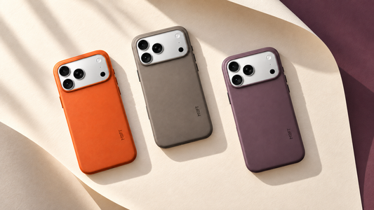 Чохли MOFT Snap Case MOVAS™ в оранжевому кольорі, Taupe та Blackberry на світлому фактурному фоні.