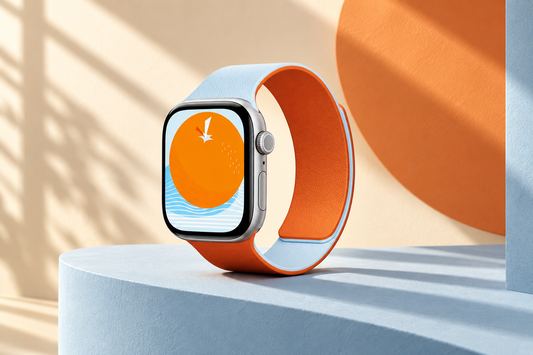 Блакитно-оранжевий ремінець MOFT Snap Duo на Apple Watch у студійній композиції