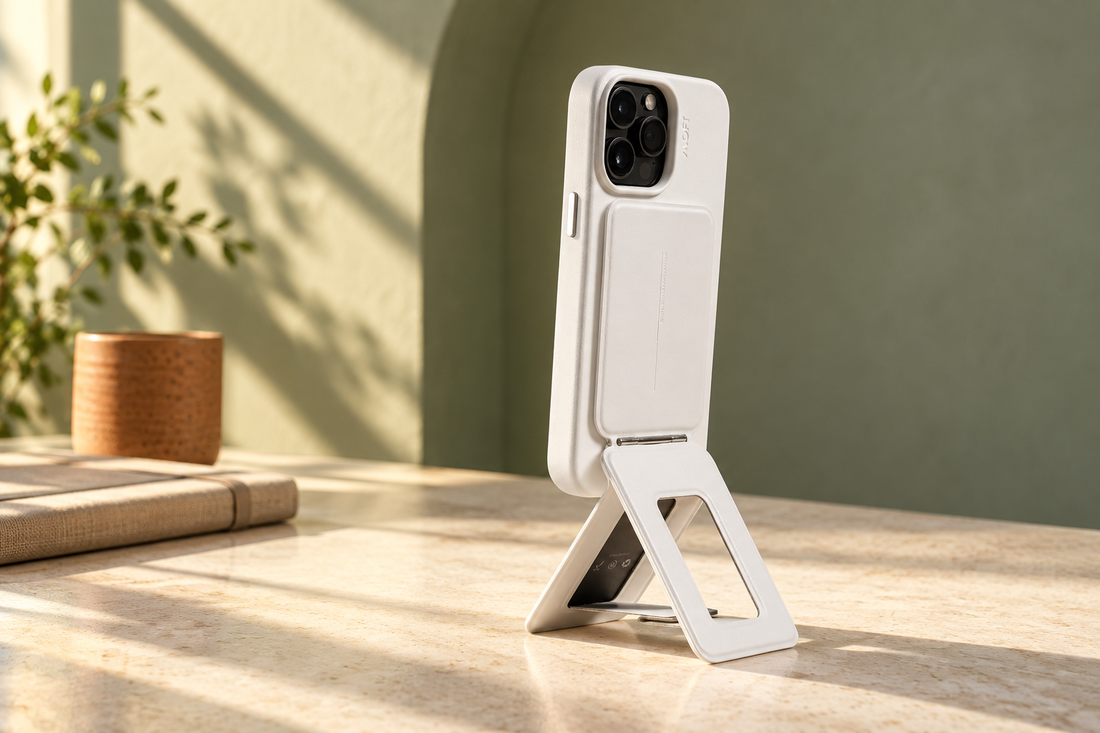 Білий MOFT Tripod Stand із телефоном на світлому столі на тлі шавлієвої стіни