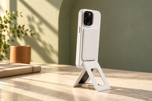 Білий MOFT Tripod Stand із телефоном на світлому столі на тлі шавлієвої стіни
