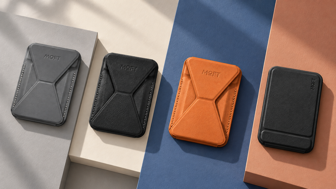 Сірий Snap-On, чорний Snap-On MOVAS, оранжевий Trackable і чорний Tripod Wallet на кольорових площинах